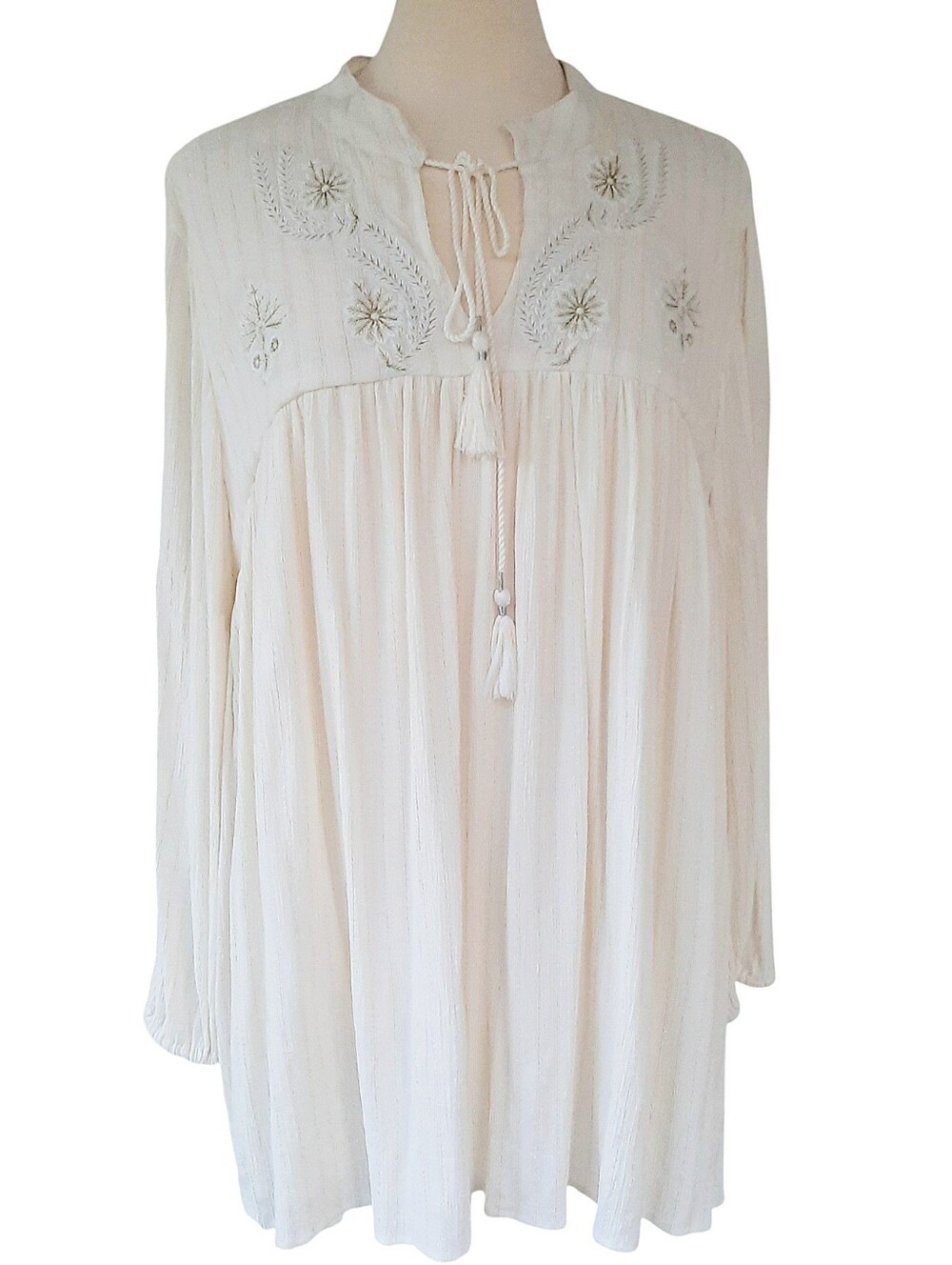 ANGIE Ivory Rayon Tie-Neck Embroidered Yoke Boho Peasant Top w/Long Sleeve Sz 2X